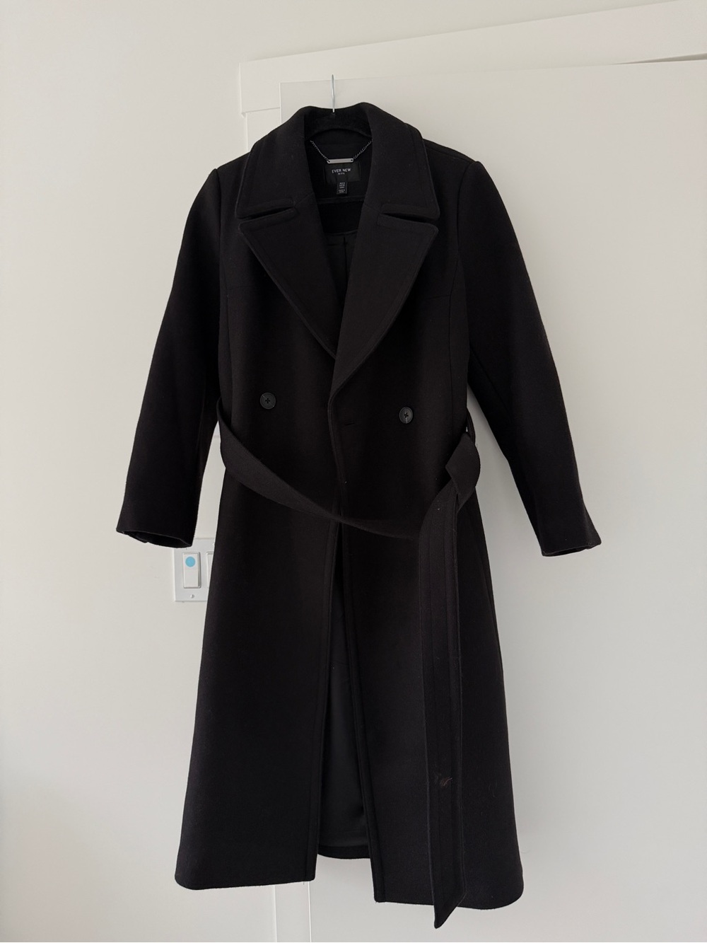 Ever New Black Wool-Blend Long Coat with Belt